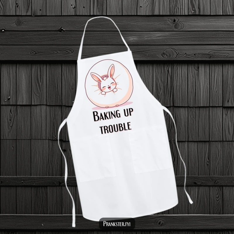 Funny apron with a giggling rabbit hiding behind an inflated whoopee cushion, adding humor to kitchen activities.