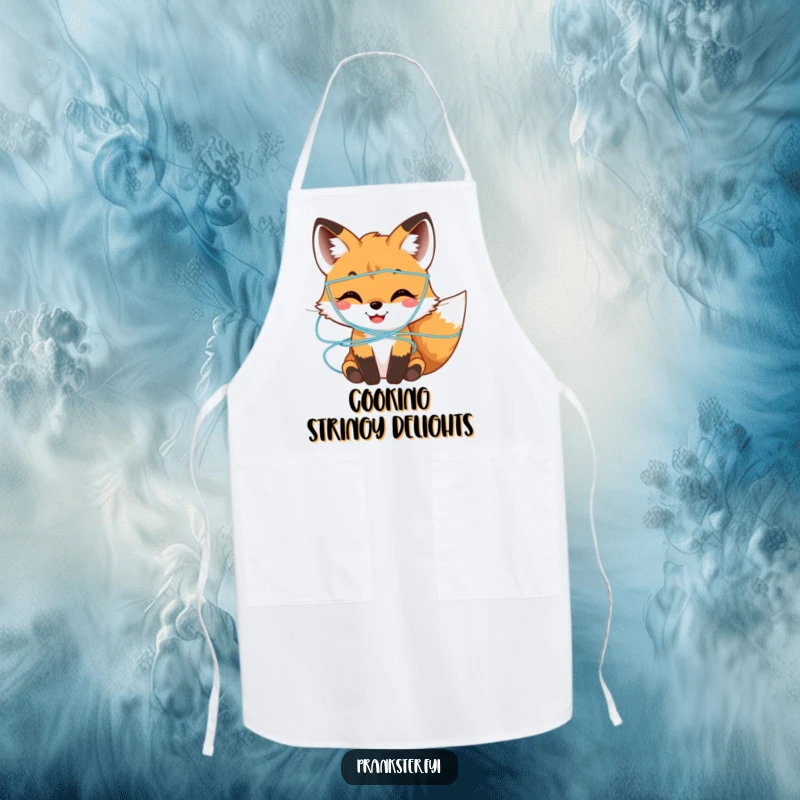 Funny Apron showcasing a smiling fox cub playfully decorated with silly string, ideal for a lighthearted cook.