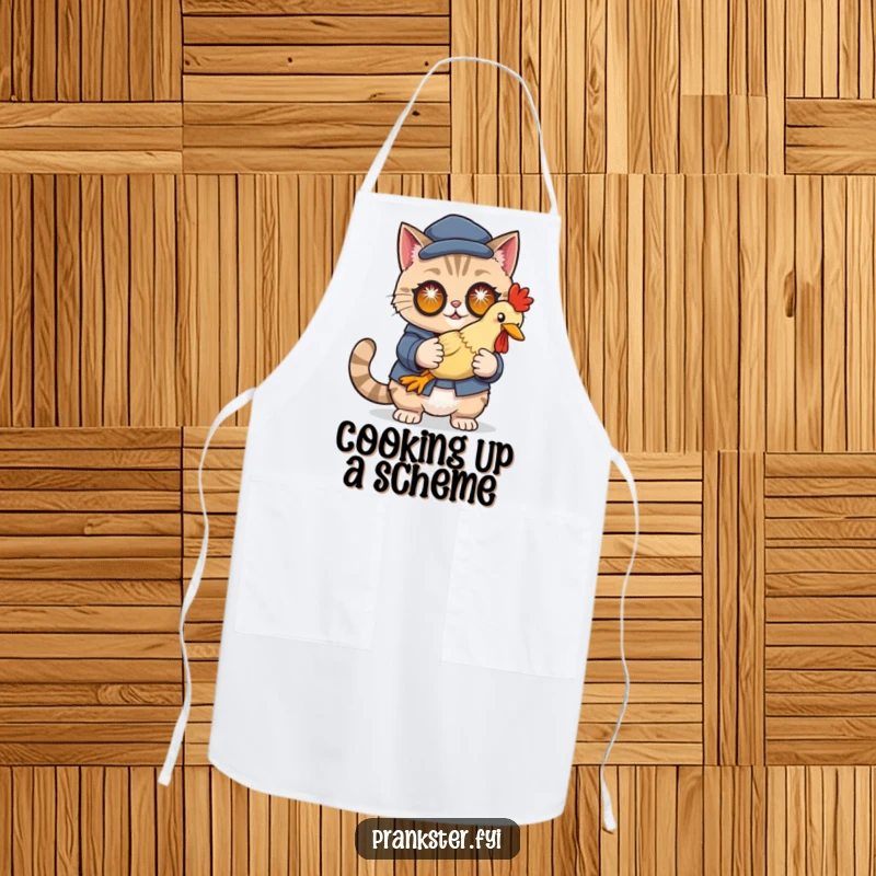 Funny kitchen apron with a cunning cat in disguise holding a rubber chicken with sparkling eyes, a humorous cooking accessory.