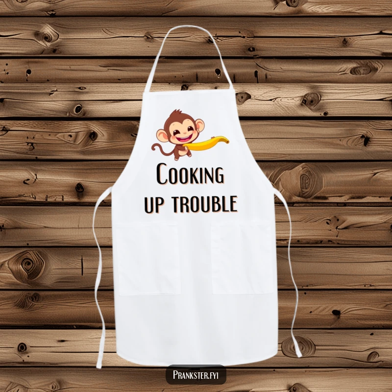 Funny Monkey Apron showing a mischievous monkey throwing a banana peel, perfect for kitchen fun and prankster gifting.