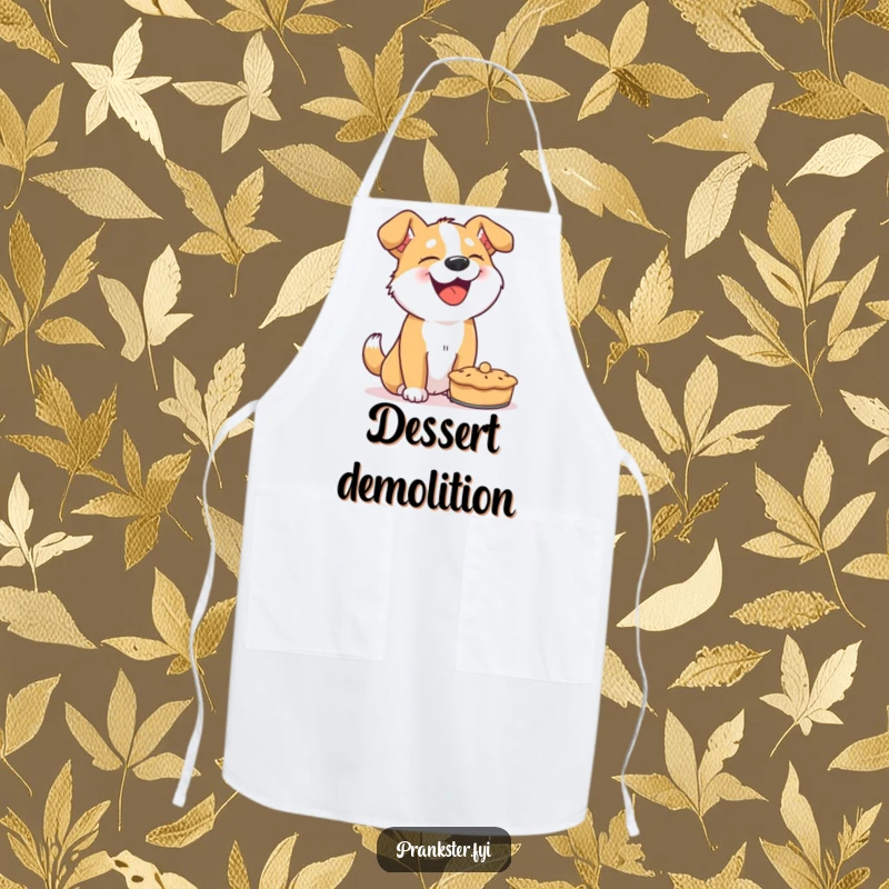 Funny dog apron, giggling dog chef about to throw a pie, practical kitchen wear with a humorous twist.