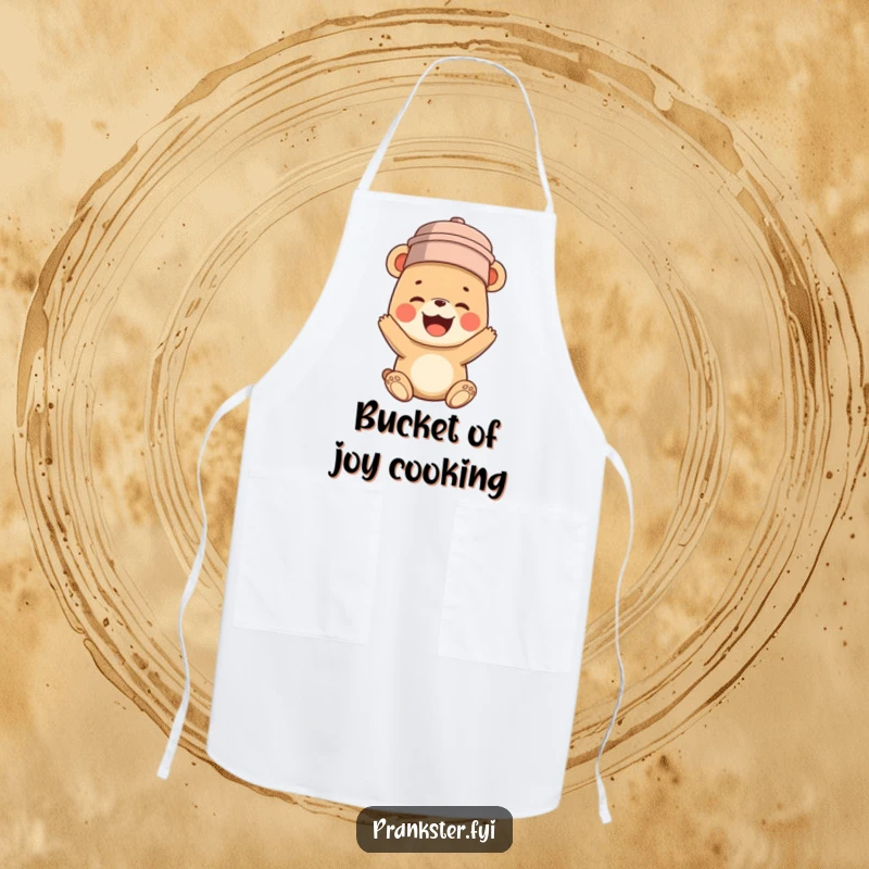 Funny apron showcasing a bear cub humorously wearing a bucket on its head and erupting in a fit of contagious, hilarious giggles.