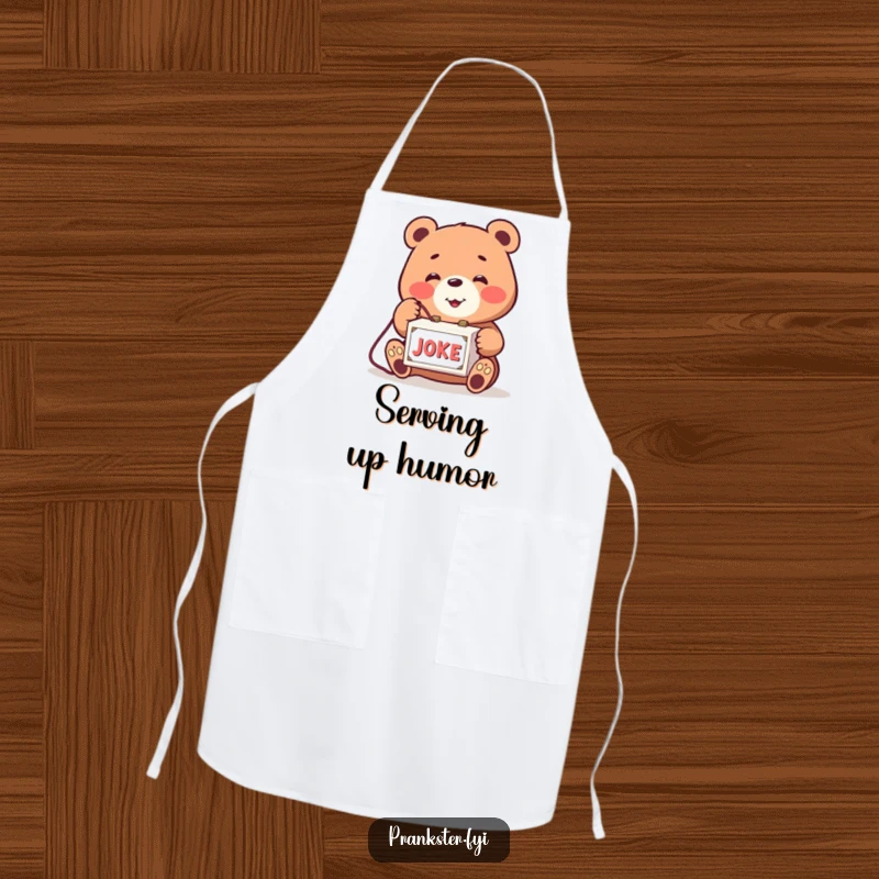 Funny apron with a smiling bear playfully activating a joke box. Humorous and practical kitchen accessory.