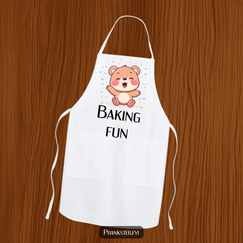 Funny apron with a delighted bear character joyfully playing with confetti, perfect for adding festive humor to cooking.