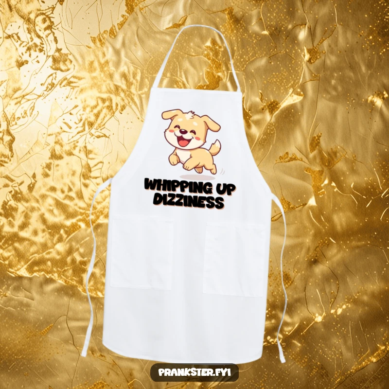 Funny apron with a cartoon dog adorably dizzy from chasing its tail, perfect for a humorous cook.