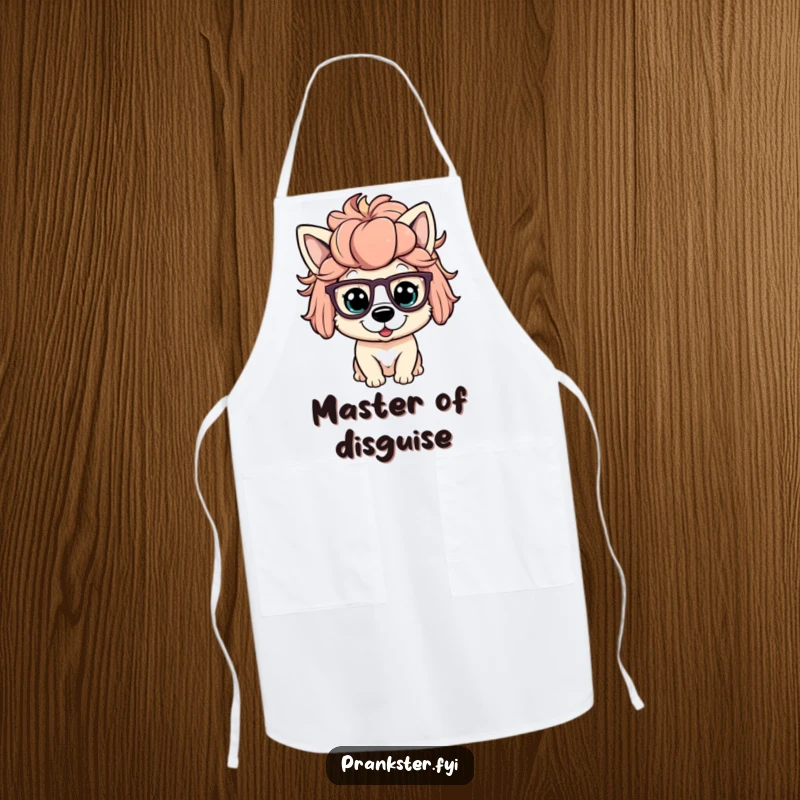 Funny apron adorned with a playful dog character wearing a silly wig and oversized glasses, perfect for humorous kitchen activities.