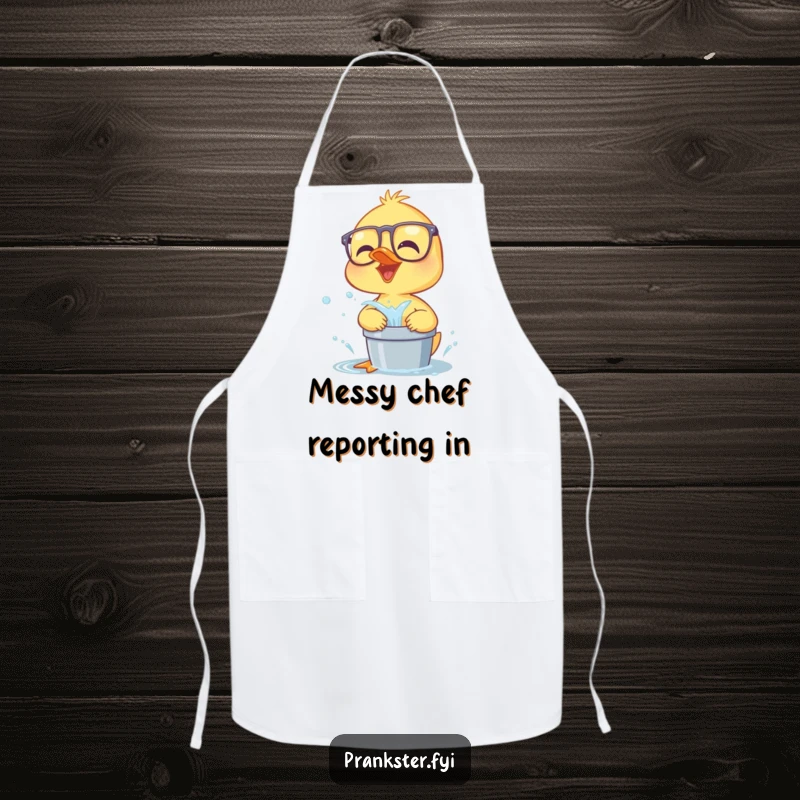 Funny giggling duckling wearing glasses, ready to splash water, a humorous and practical apron for cooking.