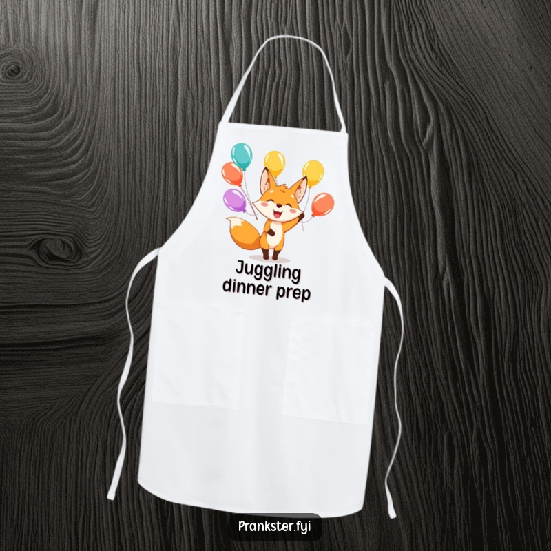 Funny apron adorned with a happy fox character juggling colorful balloons, perfect for humorous and festive kitchen activities.