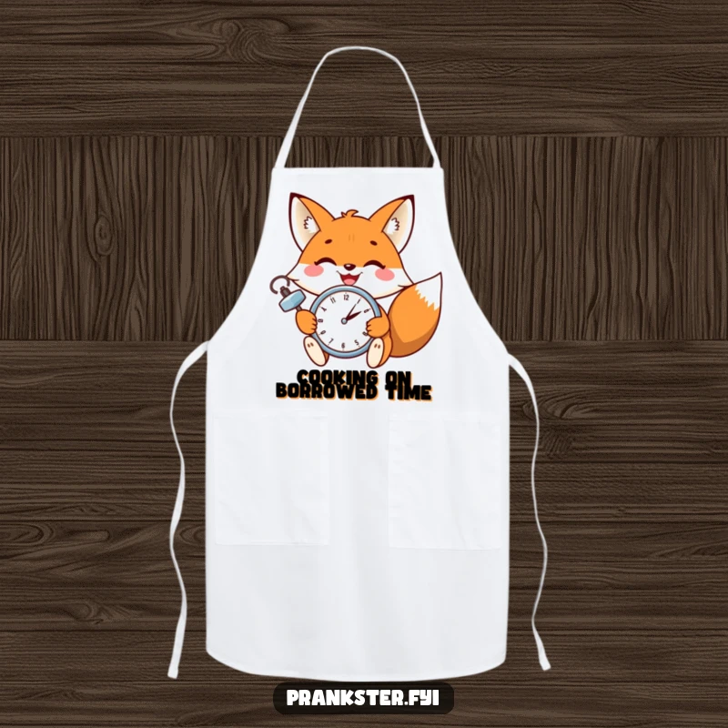 Funny kitchen apron with a grinning fox winking while setting a small ticking clock, a humorous cooking accessory.