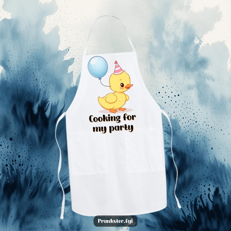 Funny Kawaii Duckling Apron: A duckling in a party hat is ready to pop a balloon and help cook up a festive storm.