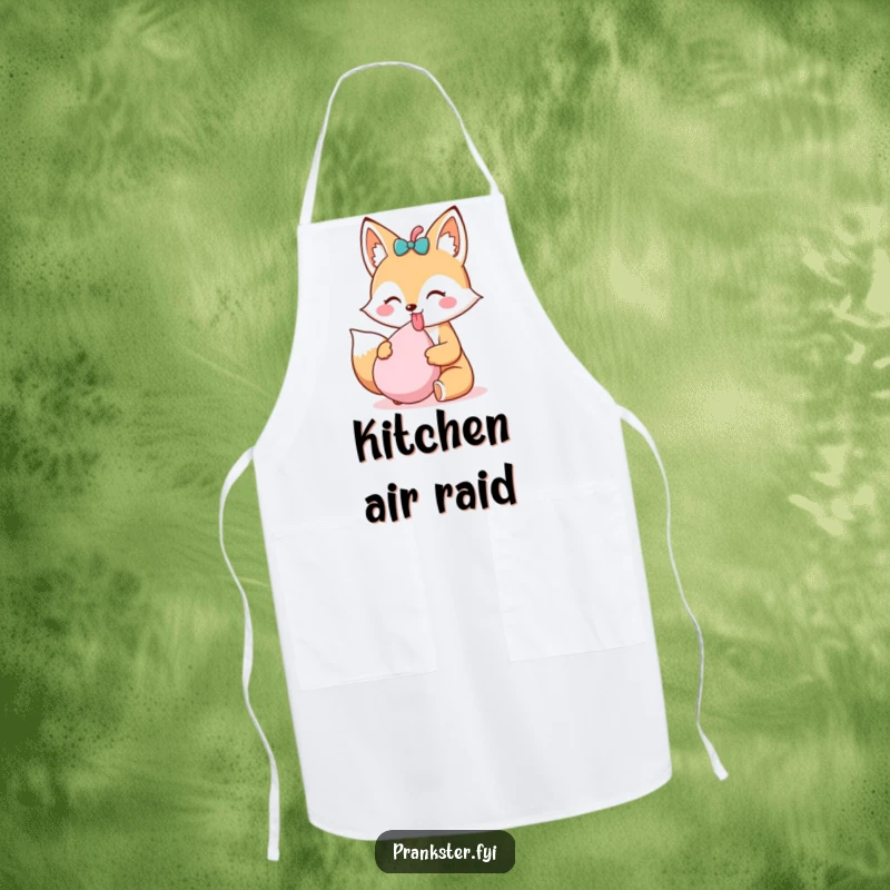Funny Kawaii Fox Apron sticking its tongue out and holding a whoopee cushion, ideal for protecting clothes while cooking with a dose of mischievous humor.