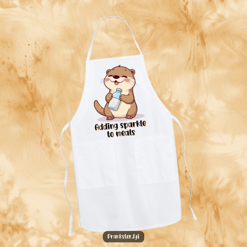 Funny otter glitter apron, a giggling otter swapping glitter for water, for humorous kitchen fun.