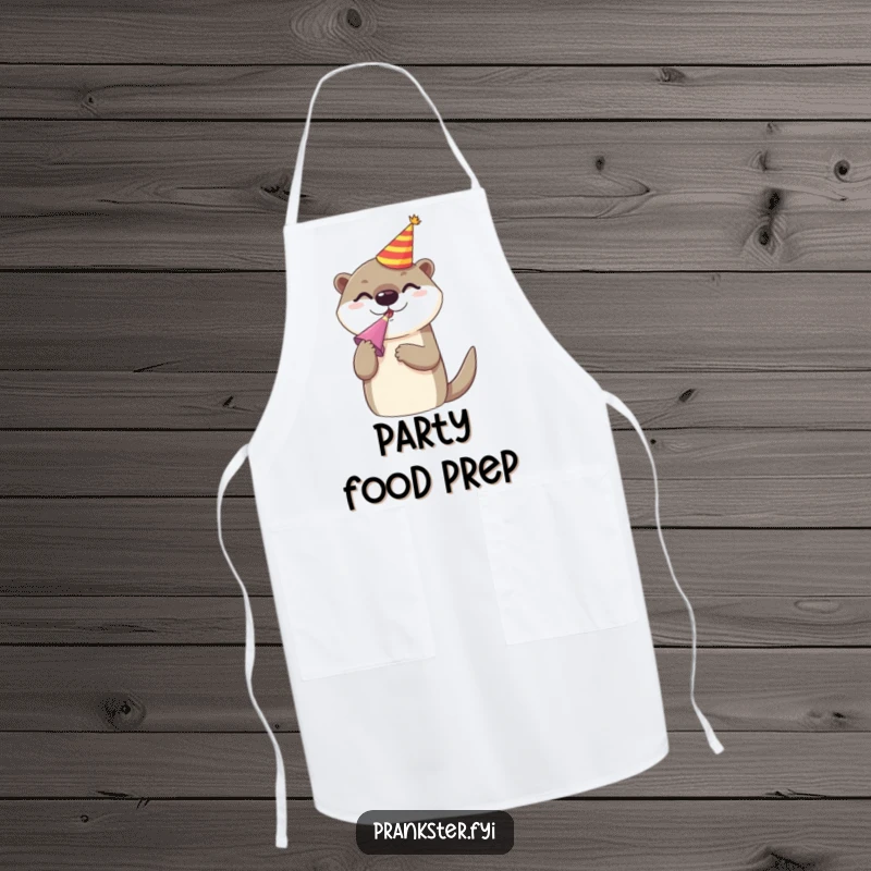 Funny apron showing a cheerful otter in a party hat, blowing a noise maker, perfect for a fun-loving cook or baker.