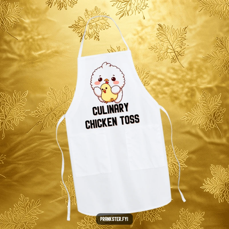 Funny apron featuring a small fluffy creature dropping a tiny rubber chicken, perfect for adding a playful and humorous element to kitchen activities.