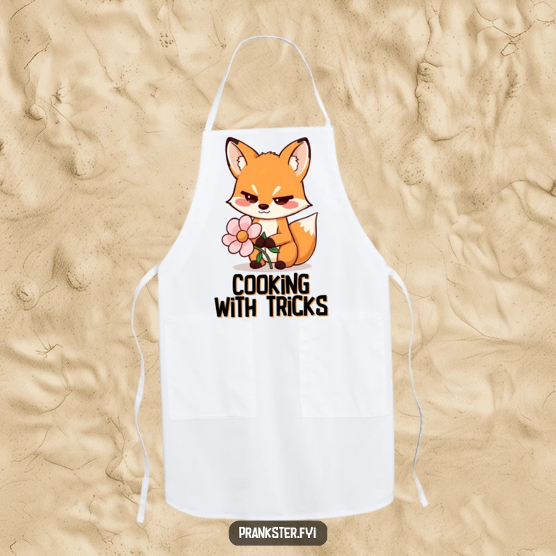 Funny apron with a sly fox wiggling its eyebrows while holding a fake flower, ideal for a kitchen prankster.