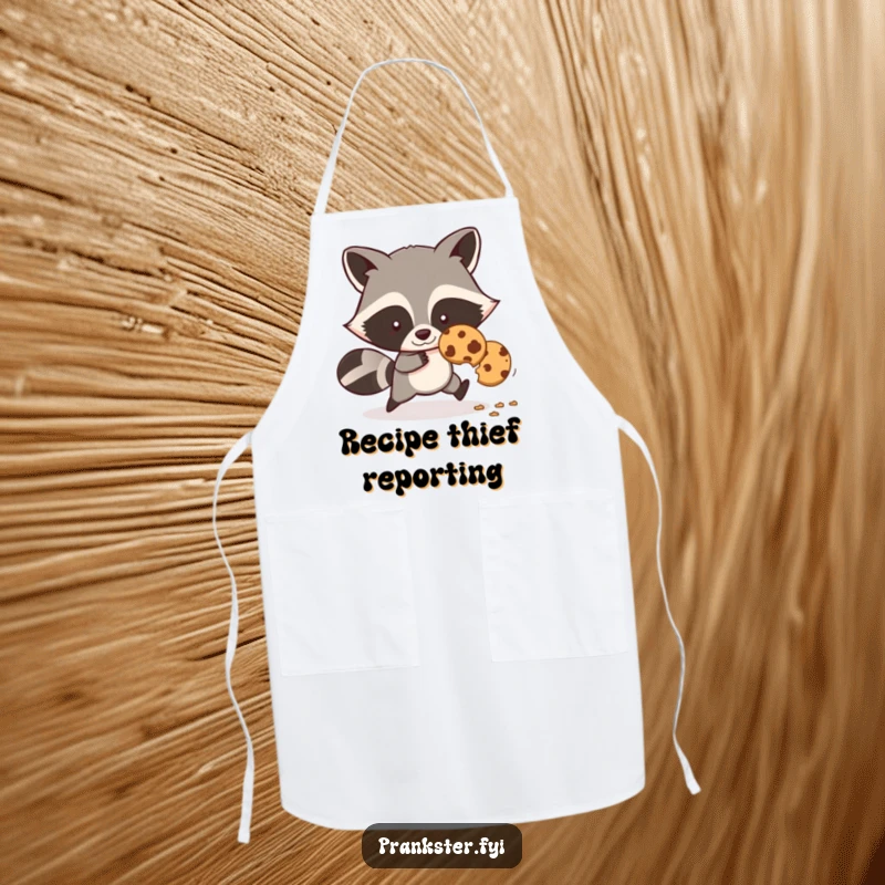 Funny apron featuring a sly raccoon character stealing a cookie, ideal for a humorous cook.