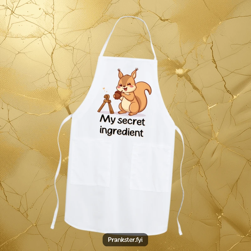 Funny apron with a gleeful squirrel launching an acorn from a slingshot, a humorous kitchen accessory for playful cooks.