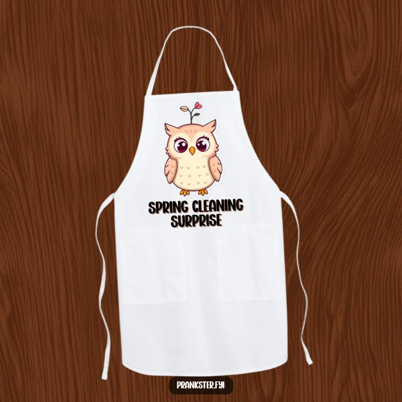 Funny apron with a startled owl, eyes wide open, and a spring popping from its hat, perfect for a humorous cooking experience.