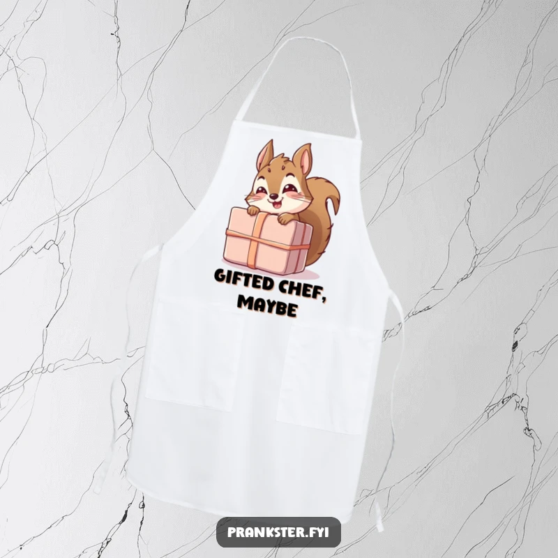 Funny apron adorned with a giggling squirrel character hiding behind a large, unwrapped gift, perfect for humorous kitchen activities.