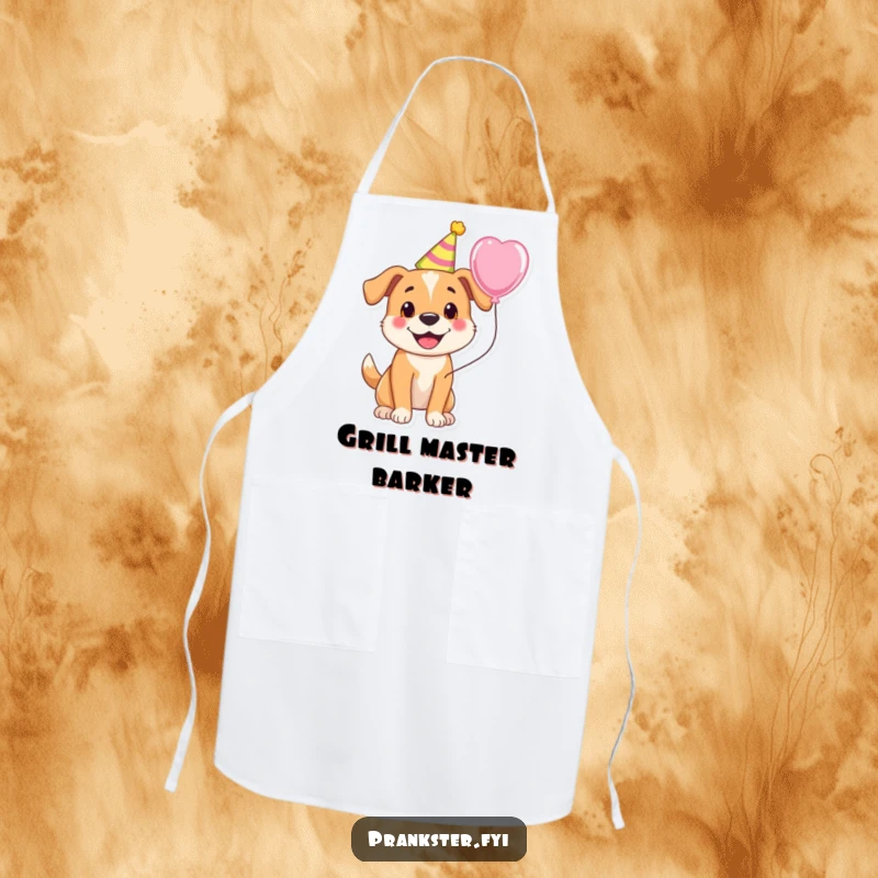 Funny apron depicting a cheerful dog wearing a party hat and holding a balloon, ideal for lively cooking.