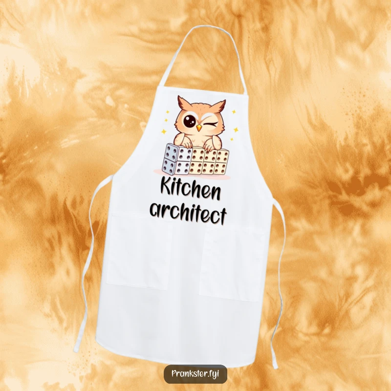 Funny owl apron, clever owl chef setting up dominoes, practical kitchen wear with a wise twist.