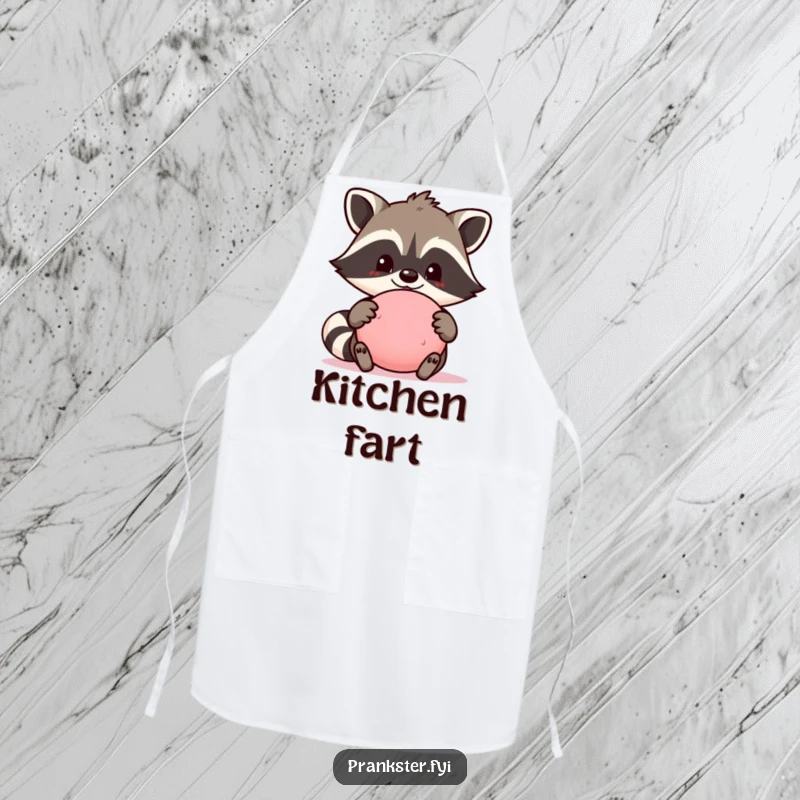 Funny apron showcasing a proud raccoon character holding a whoopee cushion, ideal for cooks who enjoy a good laugh and a bit of fun.