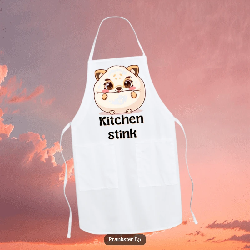 Funny apron showing a cheeky animal hiding behind a large whoopee cushion, ready for some playful kitchen shenanigans.