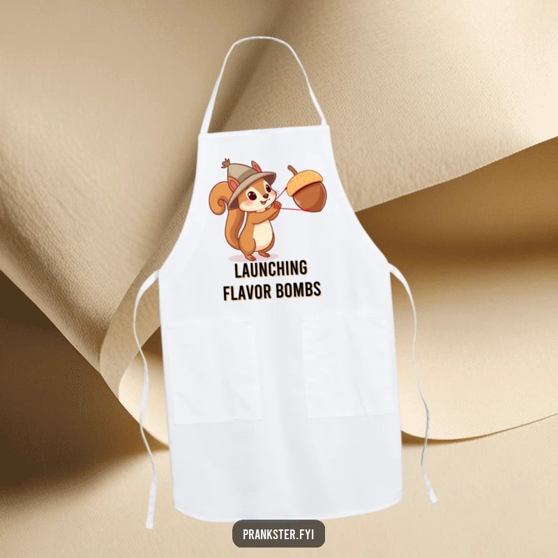 Funny squirrel acrobat apron, a squirrel with a hat launching an acorn with a slingshot, for humorous kitchen antics.