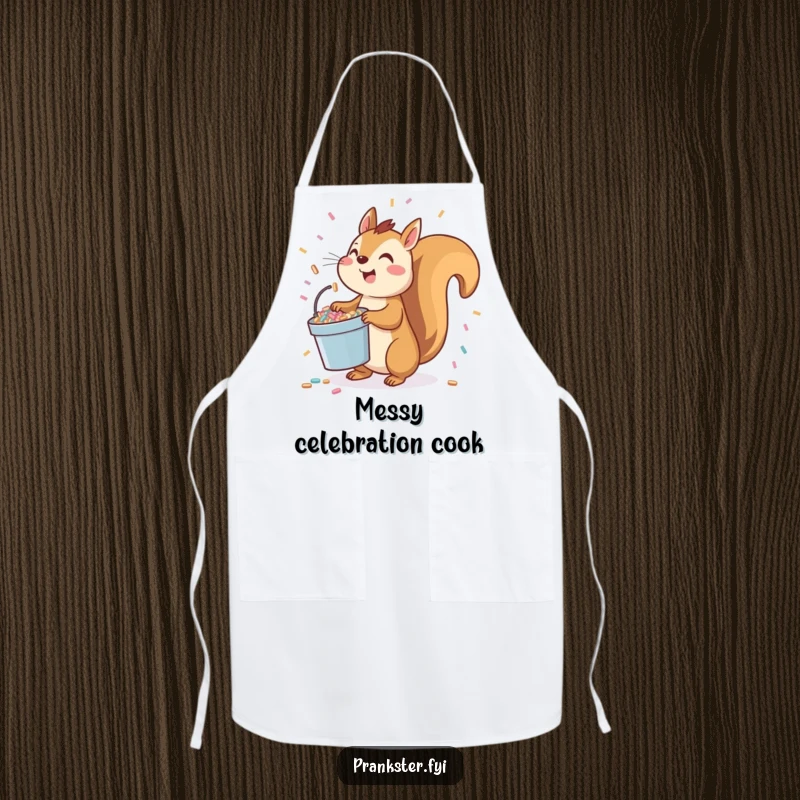 Funny squirrel apron featuring a playful character holding a bucket of confetti, ready to toss it upwards.