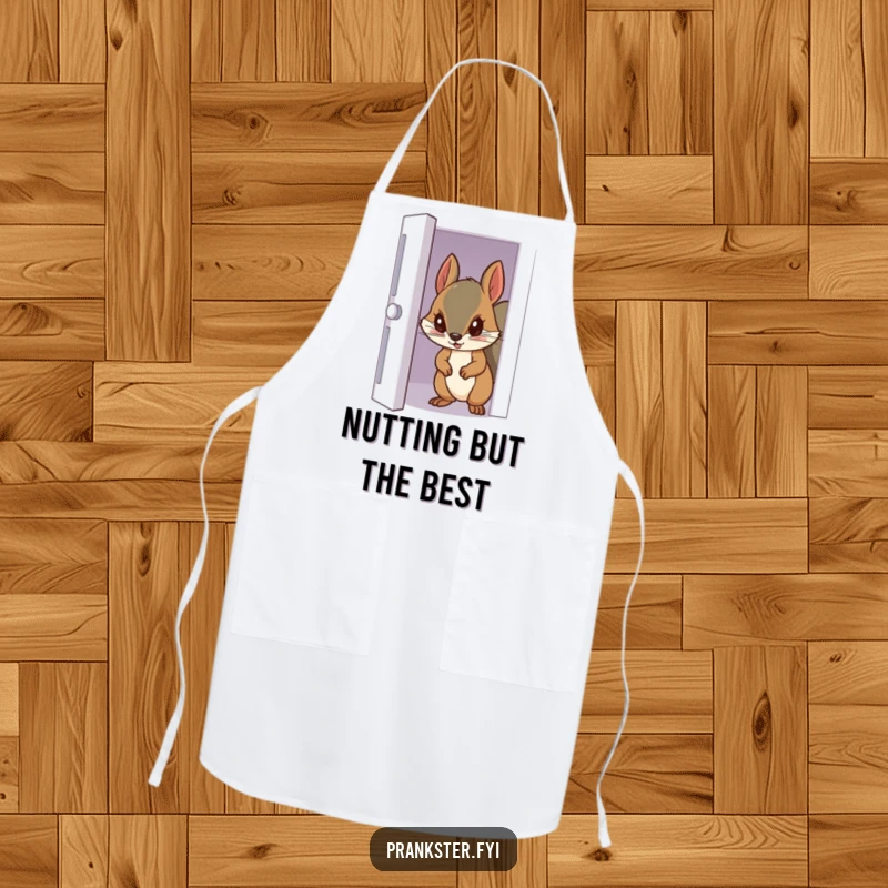 Funny apron featuring a sneaky squirrel peeking from a door, ready to supervise kitchen activities with humor.
