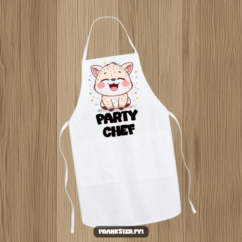 Funny apron with a laughing animal character covered in confetti, eyes sparkling with mischief, perfect for festive cooking.