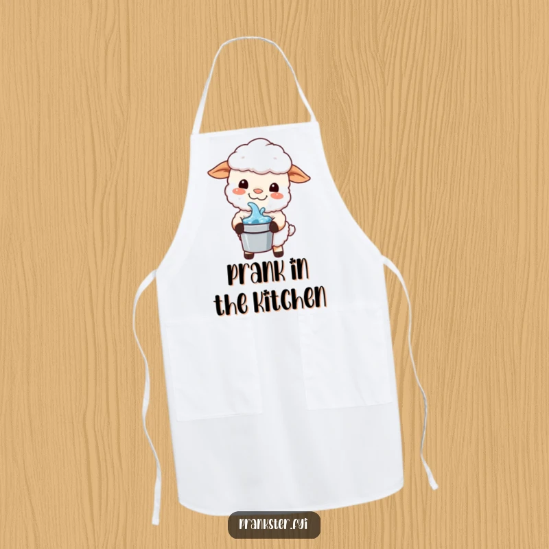 Funny Kawaii Sheep Apron: A mischievous sheep grins, holding a bucket of water, ready to help cook up some playful trouble.