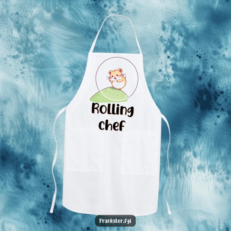 Funny Kawaii Hamster Apron rolling down a hill inside a giant plastic ball, ideal for protecting clothes while cooking with a dose of adorable pet humor.