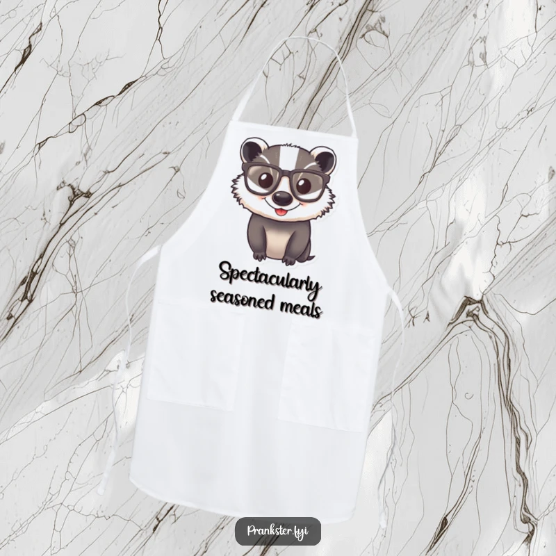 Funny Apron showcasing a happy badger wearing oversized, comical glasses, ideal for a smart and humorous cook.