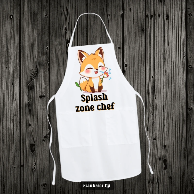 Funny fox apron featuring a giggling character winking and squirting water from a flower, ideal for kitchen fun.