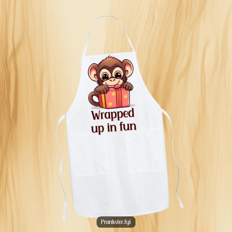 Funny apron depicting a mischievous monkey hiding behind a gift box, ready to serve up laughs in the kitchen.