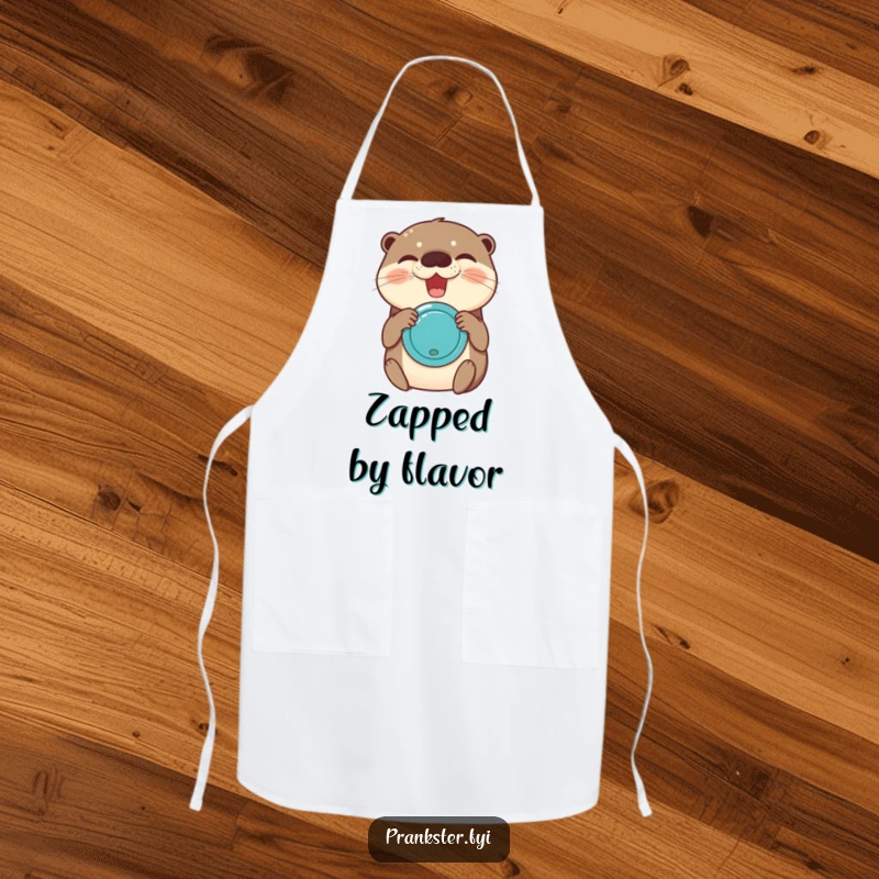 Funny apron with a giggling otter activating a joy buzzer, promising a kitchen experience filled with surprising delights.