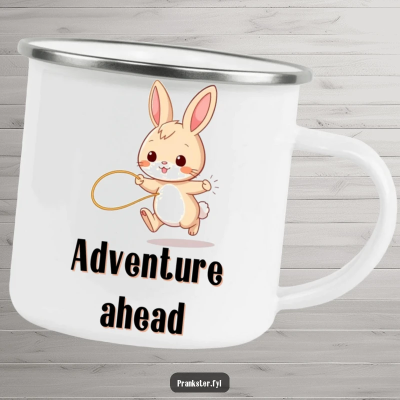 Funny bunny camping mug, enamel mug with a playful rabbit hopping, string tied to tail, durable and charming.