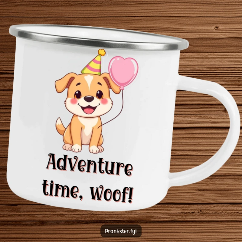Funny camping mug with a cheerful dog in a party hat holding a balloon, designed for outdoor celebrations.