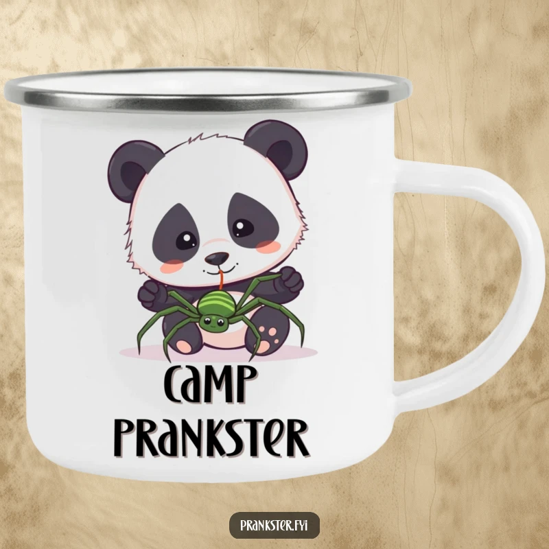 Funny camping mug with a curious panda accidentally pulling a fake spider on a string. Durable and humorous for adventures.