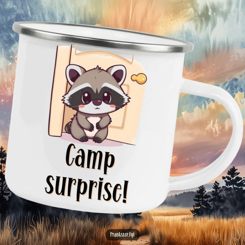 Funny Kawaii Raccoon Camping Mug hiding with a surprised expression, perfect for enjoying drinks outdoors with a dose of humor and cute surprise.