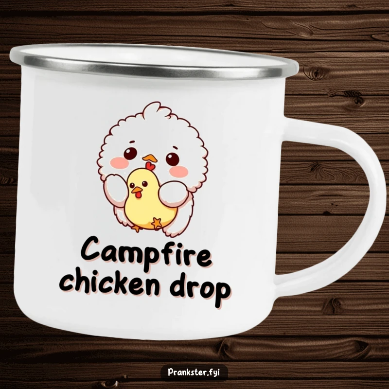 Funny camping mug featuring a small fluffy creature dropping a tiny rubber chicken, built for outdoor fun and adding a touch of humor to any campsite.