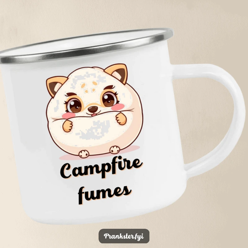 Funny camping mug with a cheeky animal hiding behind a whoopee cushion, ready for outdoor mischief and fun.