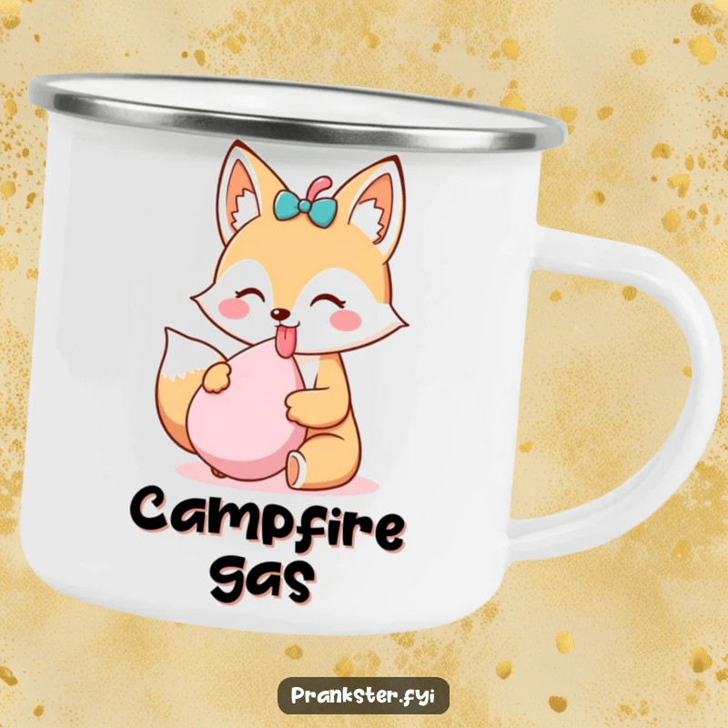 Funny Kawaii Fox Camping Mug sticking its tongue out and holding a whoopee cushion, perfect for enjoying drinks outdoors with a dose of mischievous humor.