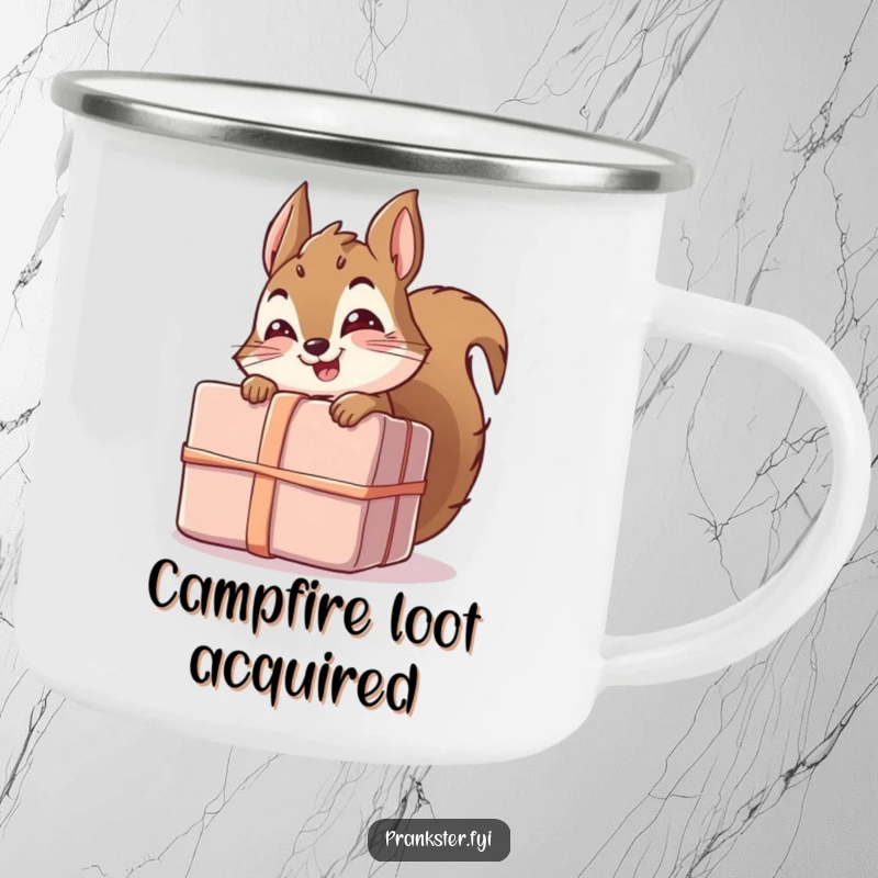 Funny camping mug with a giggling squirrel character hiding behind a large gift, perfect for outdoor humor and hydration.