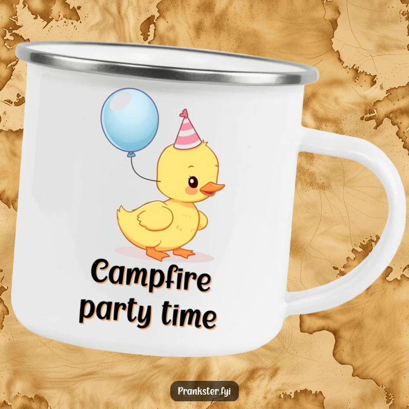 Funny Kawaii Duckling Camping Mug: A duckling in a party hat is ready to pop a balloon, perfect for festive outdoor drinks.