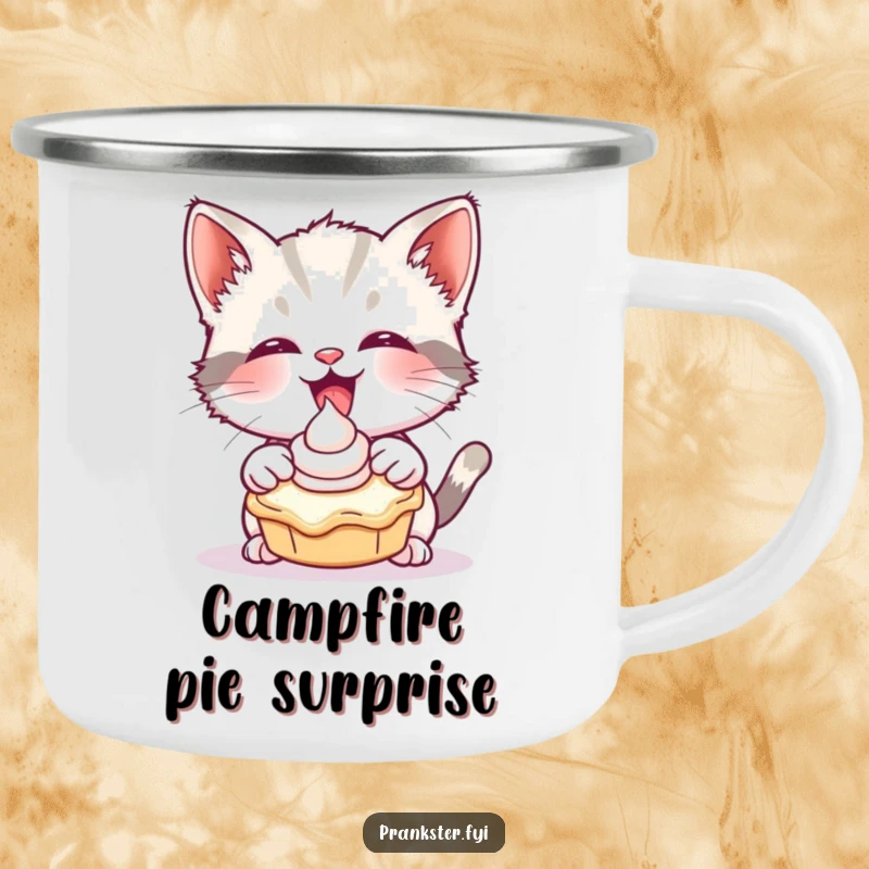 Funny camping mug with a giggling kitten playfully tossing a cream pie, perfect for fun outdoor moments.