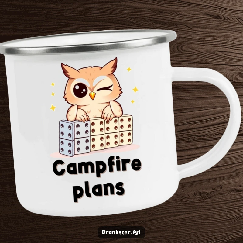Funny owl camping mug, enamel mug with a winking owl setting up dominoes, durable and clever.
