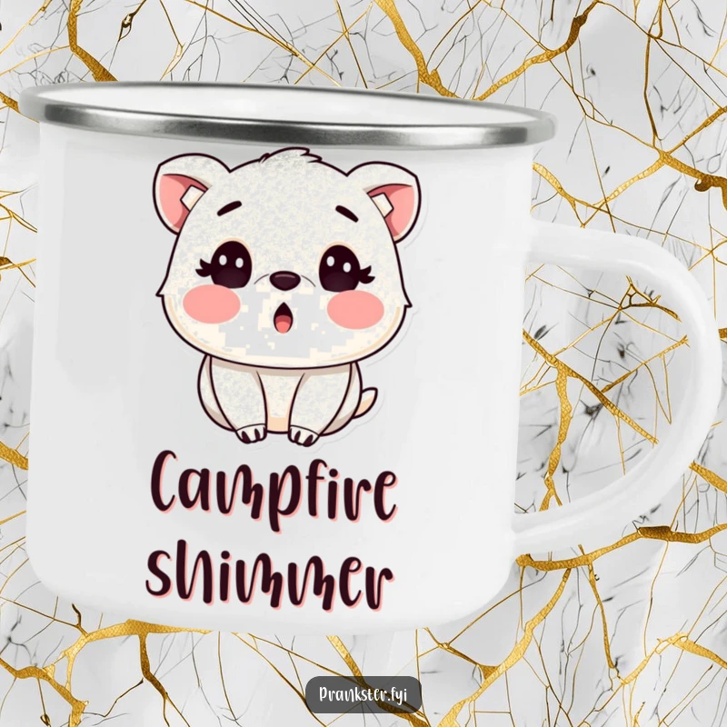 Funny camping mug with a surprised animal with rosy cheeks, covered in glitter, perfect for enjoying drinks outdoors.
