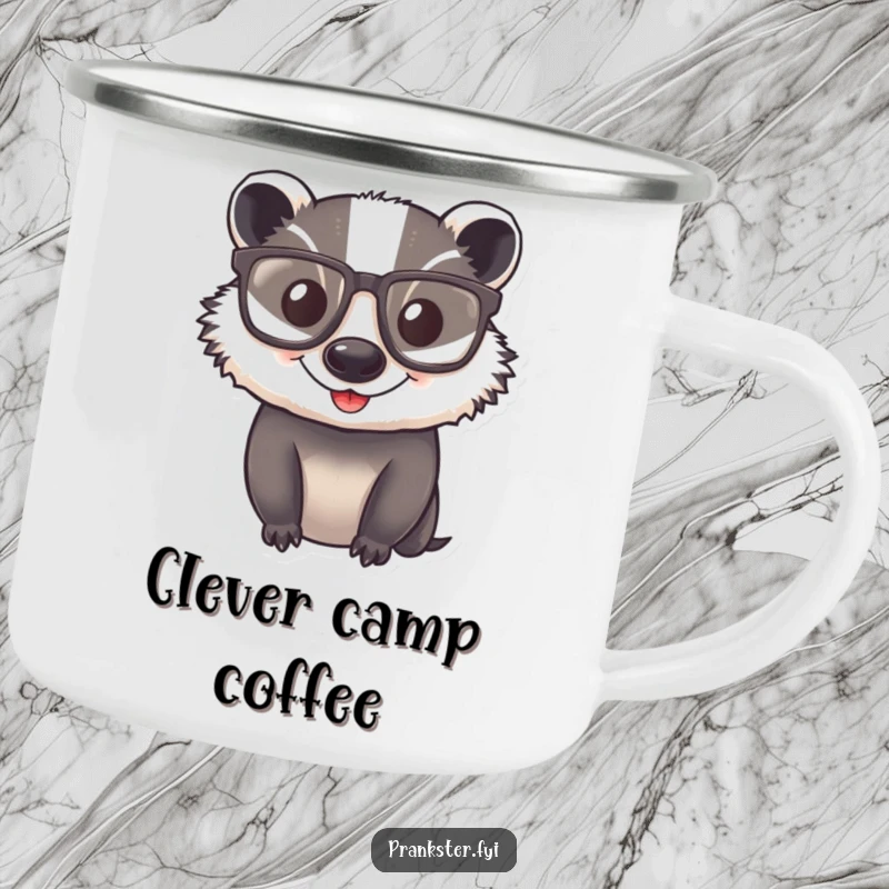 Funny Camping Mug with a happy badger wearing oversized, comical glasses, adding a smart and humorous element to outdoor trips.